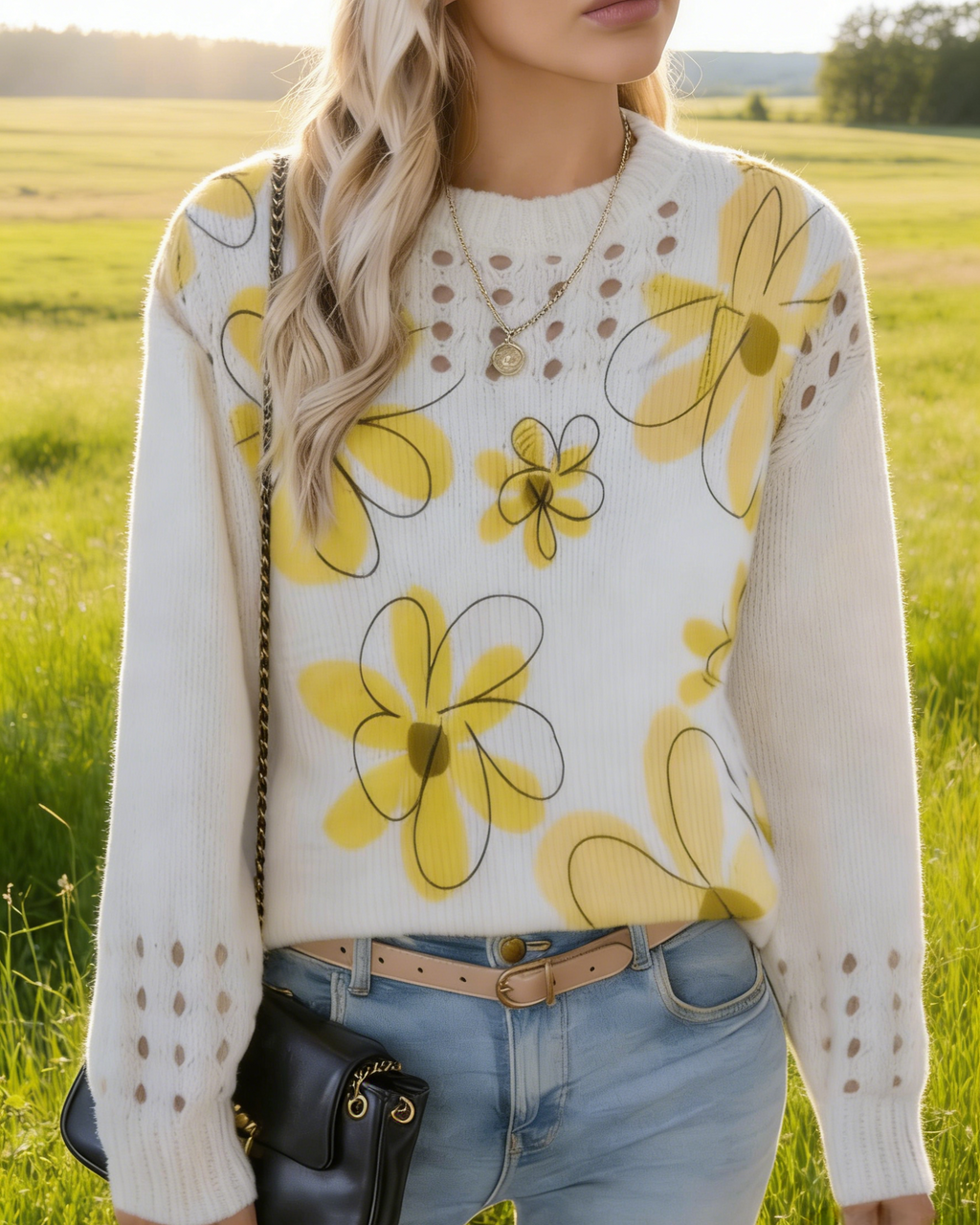 Damen Strickpullover Beige: Sonnengelbes Blumenmuster mit Ajour-Strick, Elegantes Lochmuster Oberteil für Frühling, Herbst & Winter S-4XL