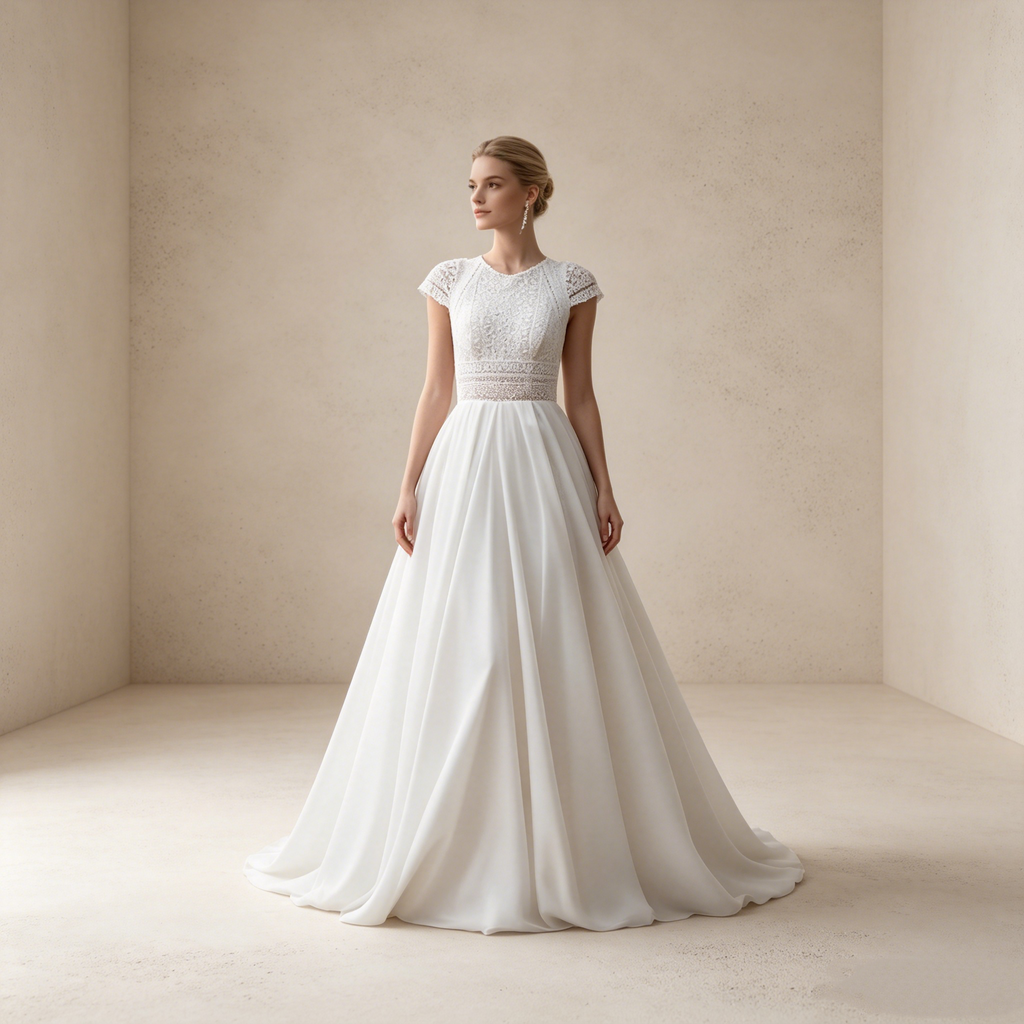 Festliches A-Linien Maxikleid mit Spitze | Elegantes Abendkleid Weiß kurzarm
