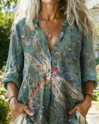 Boho Bluse Damen Petrol: Vintage Libellen-Print, Reverskragen, Loose Fit, S-5XL,Ganzjährig