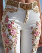 Skinny Leggings Weiß: 3D-Druck Rosen-Stickerei Optik, Jeans-Look, Shaping S-5XL