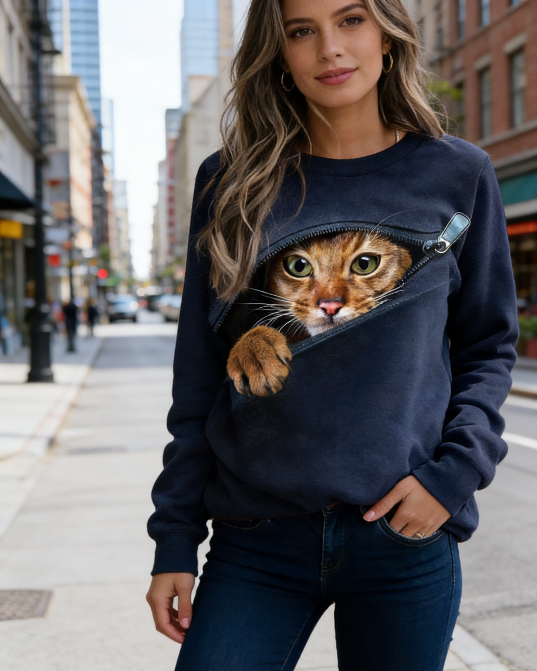 3D-Druck Damen Sweatshirt Kontrastfarben: Süßes Katzen-Motiv, Schwarz-Rot, mit Reißverschluss, Leichtes Langarmshirt S-5XL