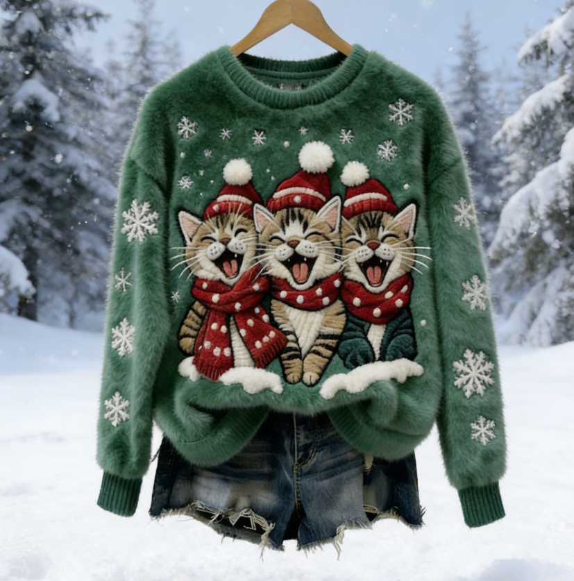 Christmas Cats Damen Gemütlicher Weihnachts-Katzen Flauschpullover