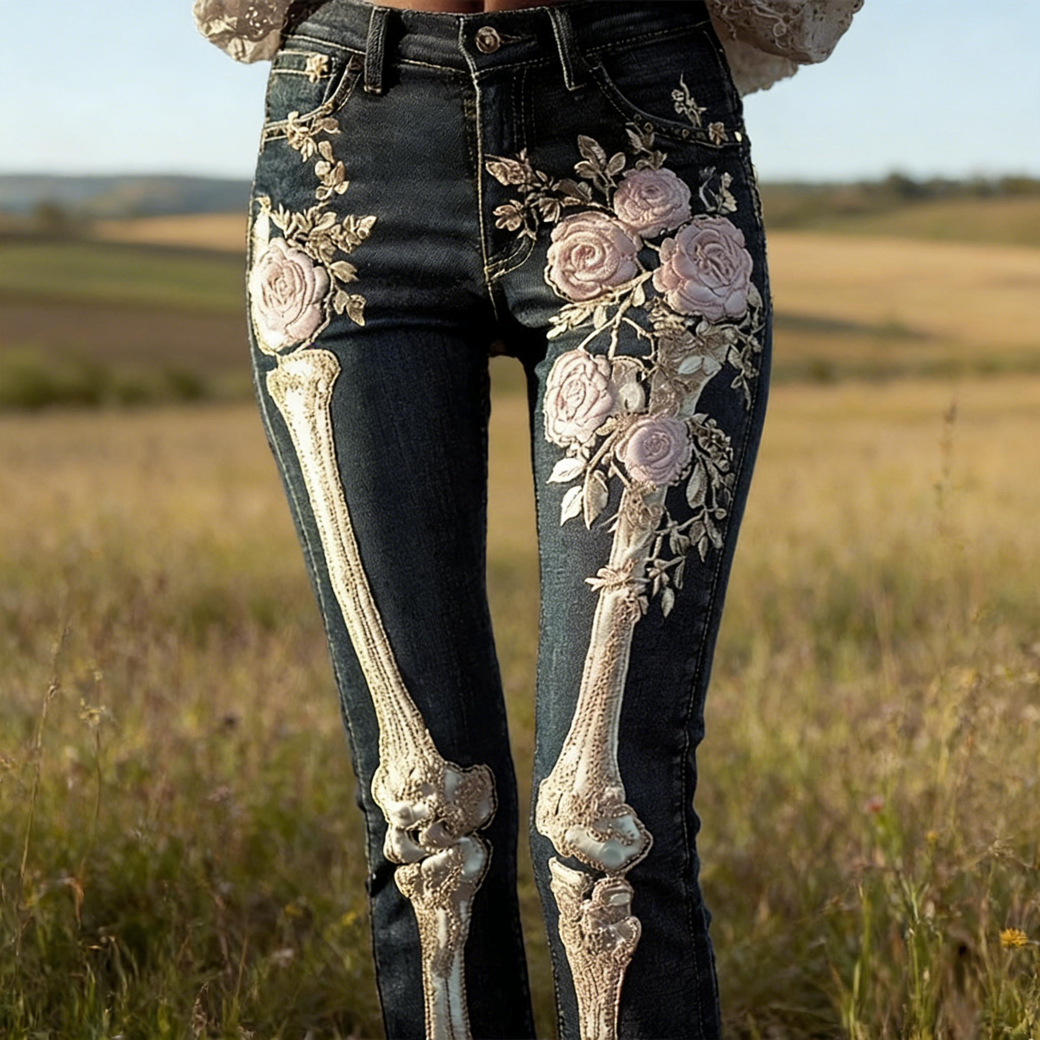 Gothic Jeans Schwarz: 3D-Druck Dunkelrote Rosen, Stickerei-Optik, Shaping S-5XL