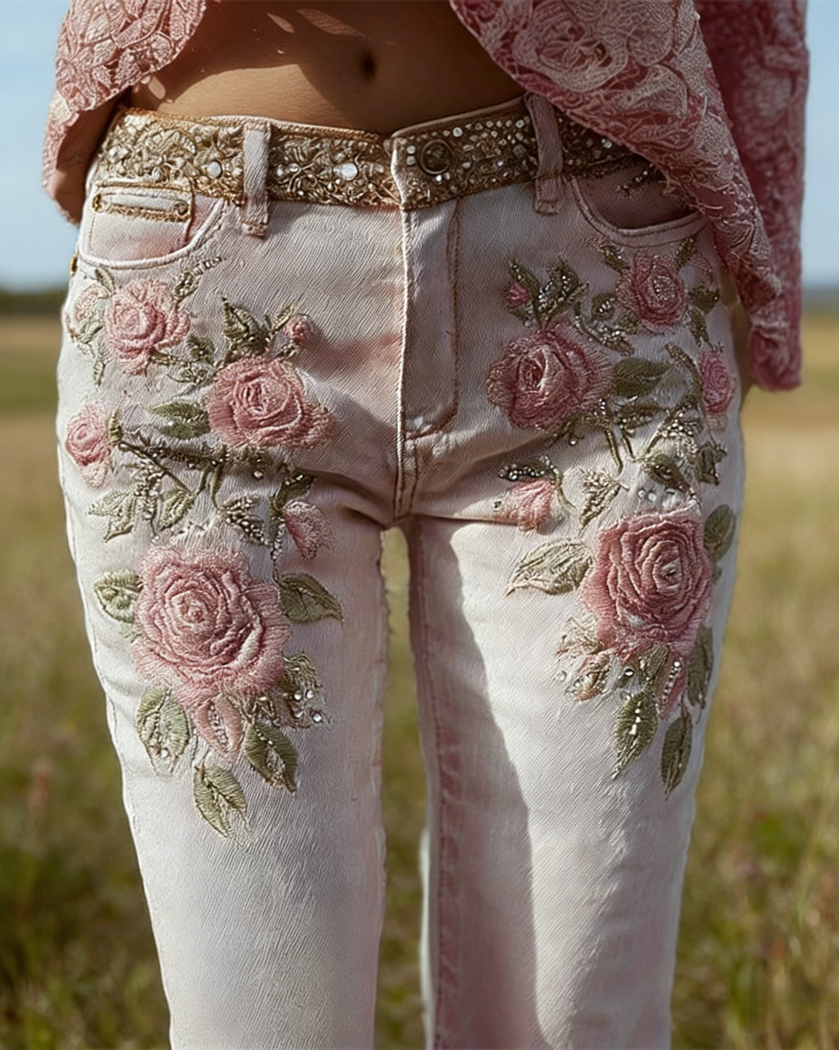 Skinny Jeans Rosa: 3D-Druck Romantische Rosen, Stickerei-Optik, Shaping, Denim S-5XL