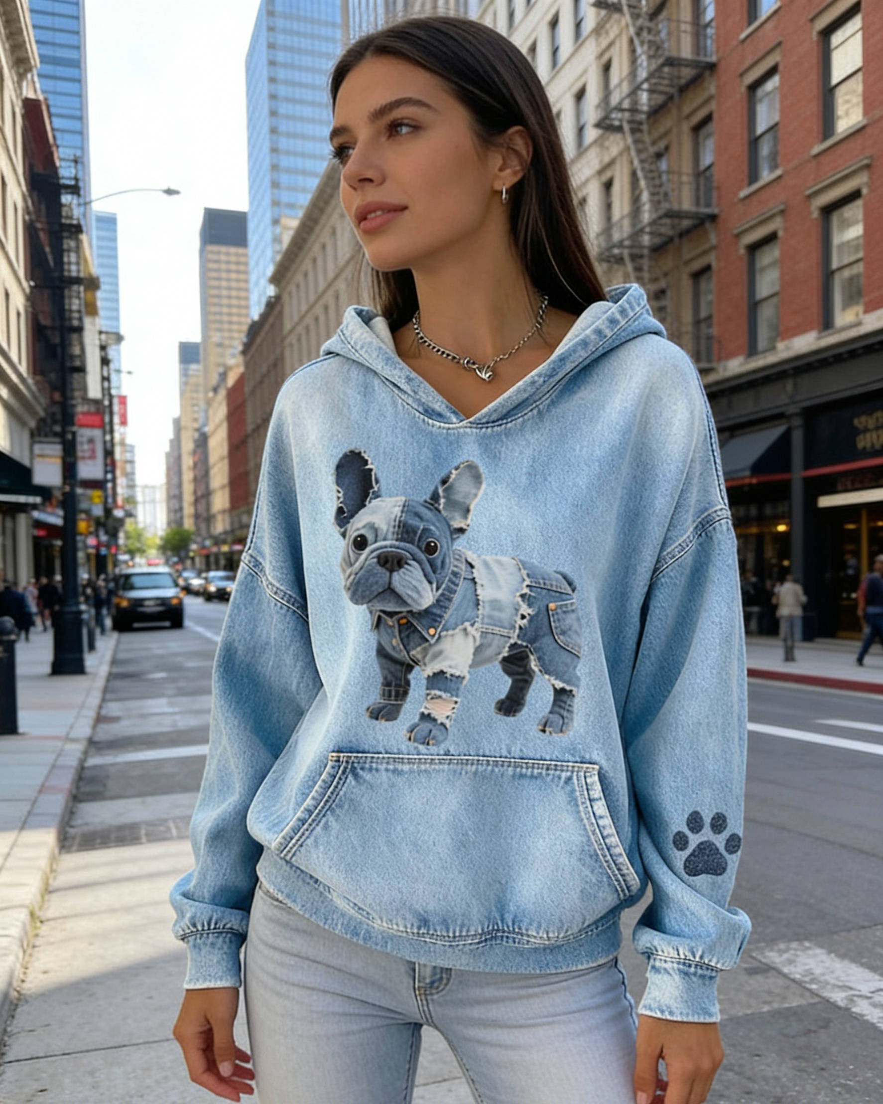Damen Hoodie Hellblau: 3D-Druck Hunde Motiv, Strick-Optik, Kapuzenpullover Pulli Größe S-5XL