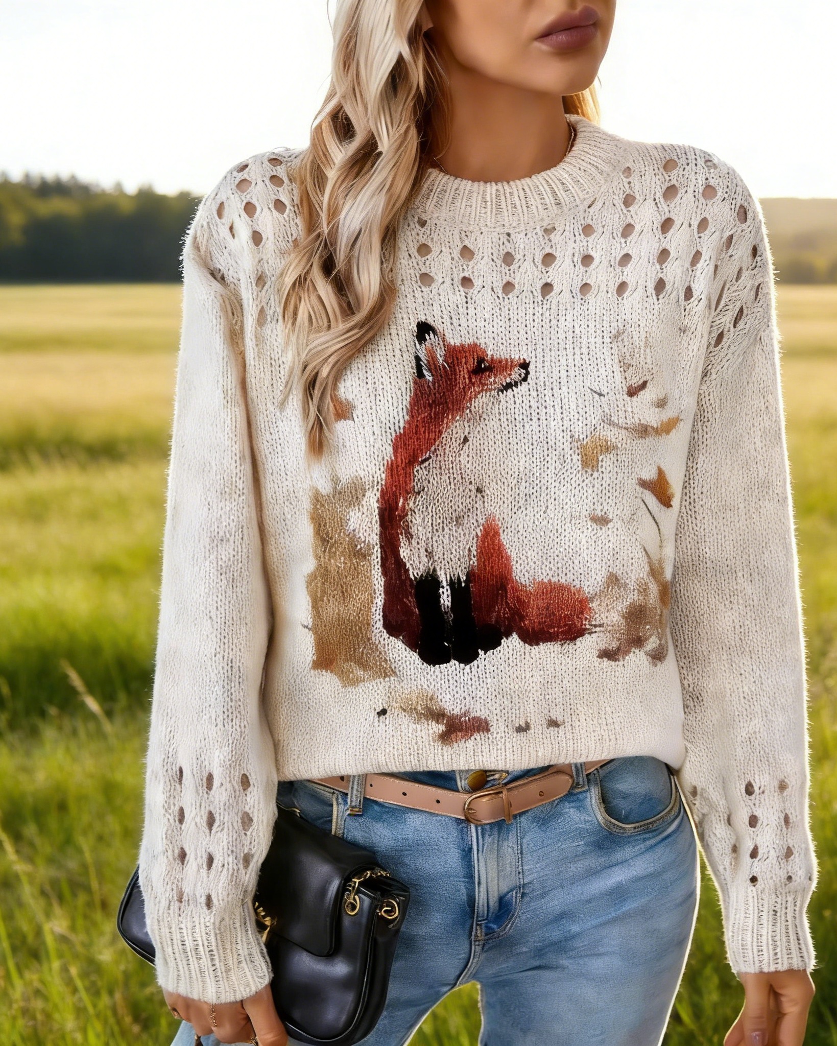 Damen Strickpullover Beige: Vintage Fuchs-Print mit Ajour-Strick, Elegantes Lochmuster Oberteil für Frühling, Herbst & Winter S-4XL