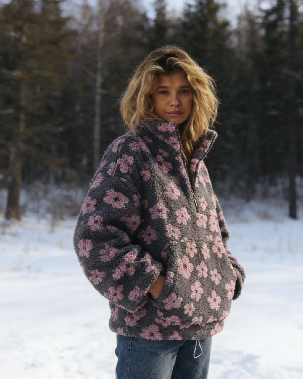 Damen Teddy Fleece Half Zip mit Blumen Print Nachhaltiger Oversize Sweatshirts Größe S-2XL