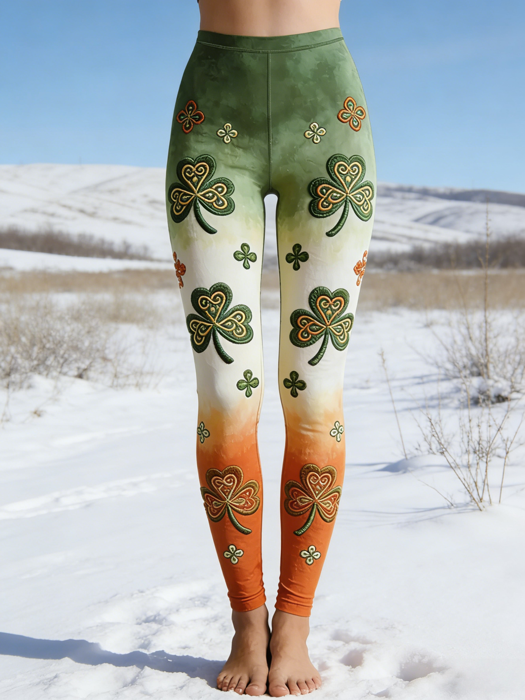 St. Patrick's Day Leggings: 3D-Druck Kleeblatt, Weiß-Grün, Shaping, Hoher Bund S-5XL