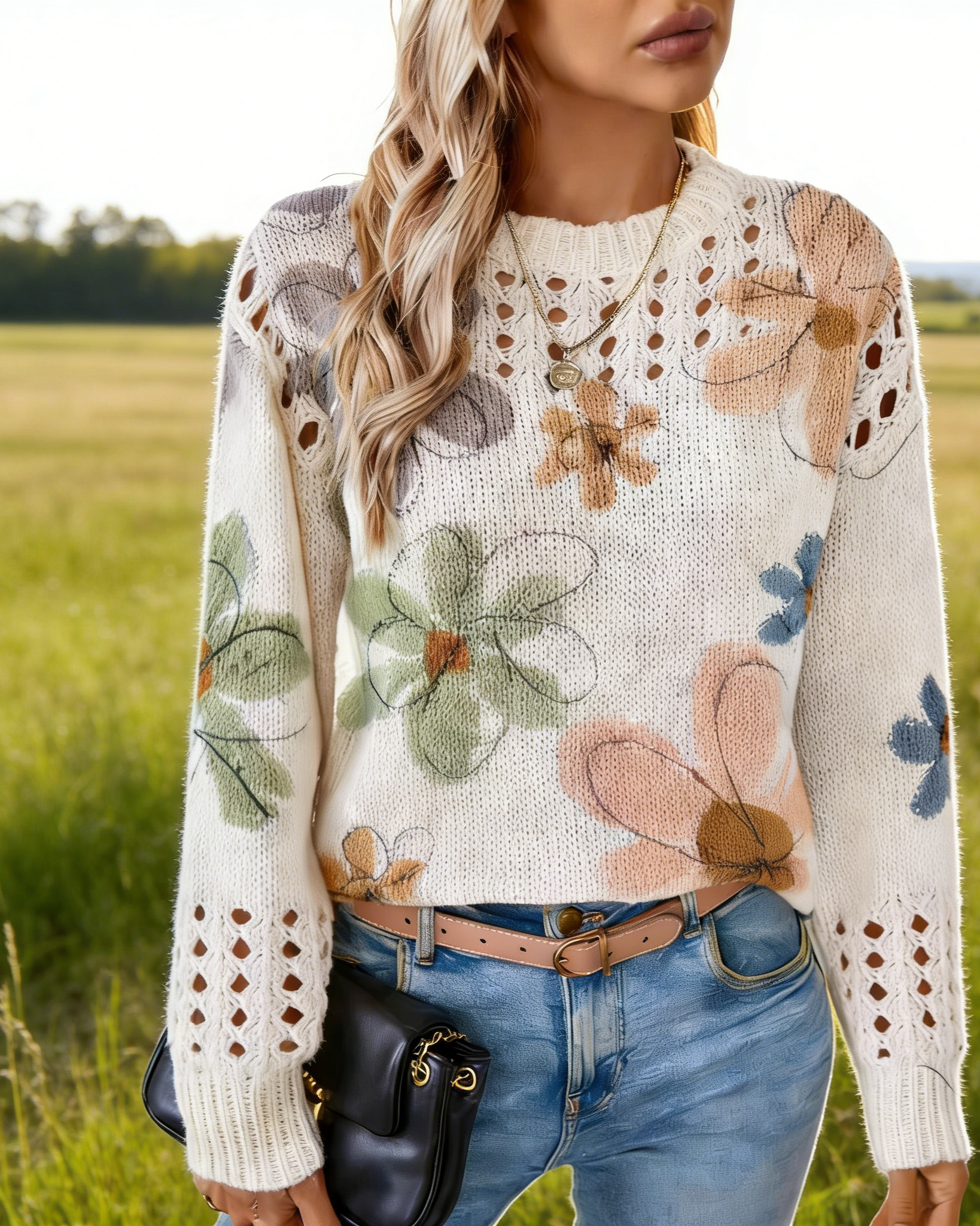 Damen Strickpullover Beige: Bunter Blumen-Print mit Ajour-Strick, Elegantes Lochmuster Oberteil für Frühling, Herbst & Winter S-4XL