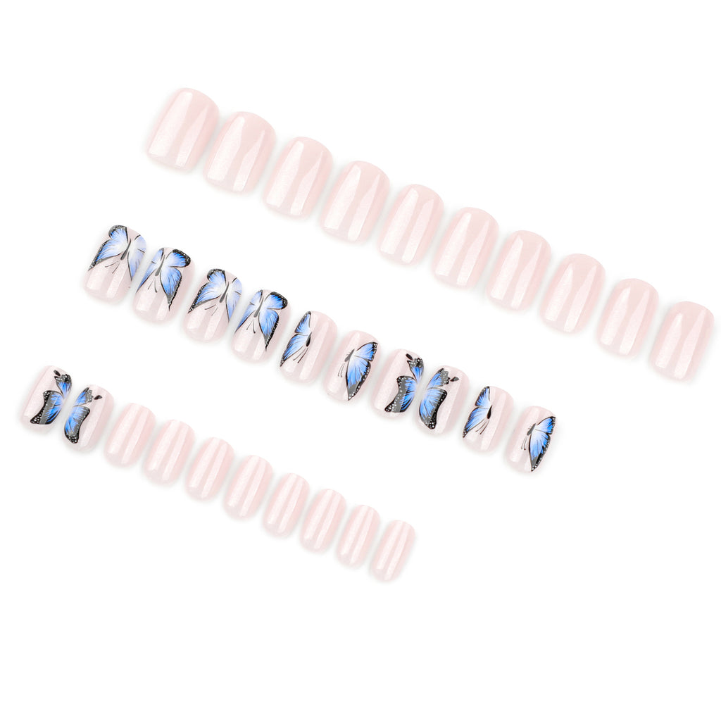 StarNagel Ballerina Nägel in Nude mit Symmetrischen Blauen Schmetterlingen