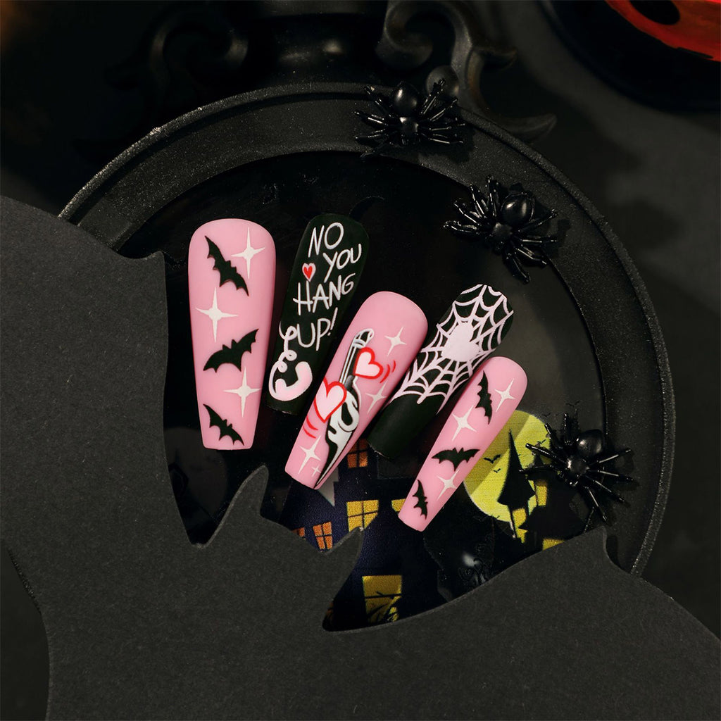 StarNagel Ballerina Nägel in Schwarz und Rosa Matt mit Fledermäusen und Geistern für Halloween