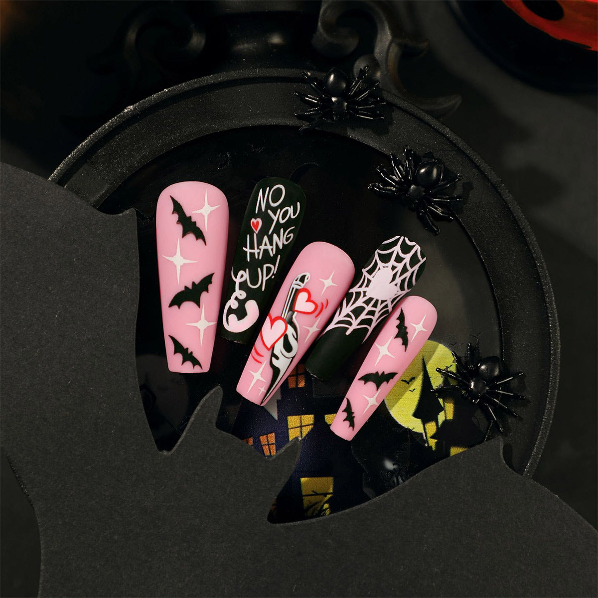 StarNagel Ballerina Nägel in Schwarz und Rosa Matt mit Fledermäusen und Geistern für Halloween