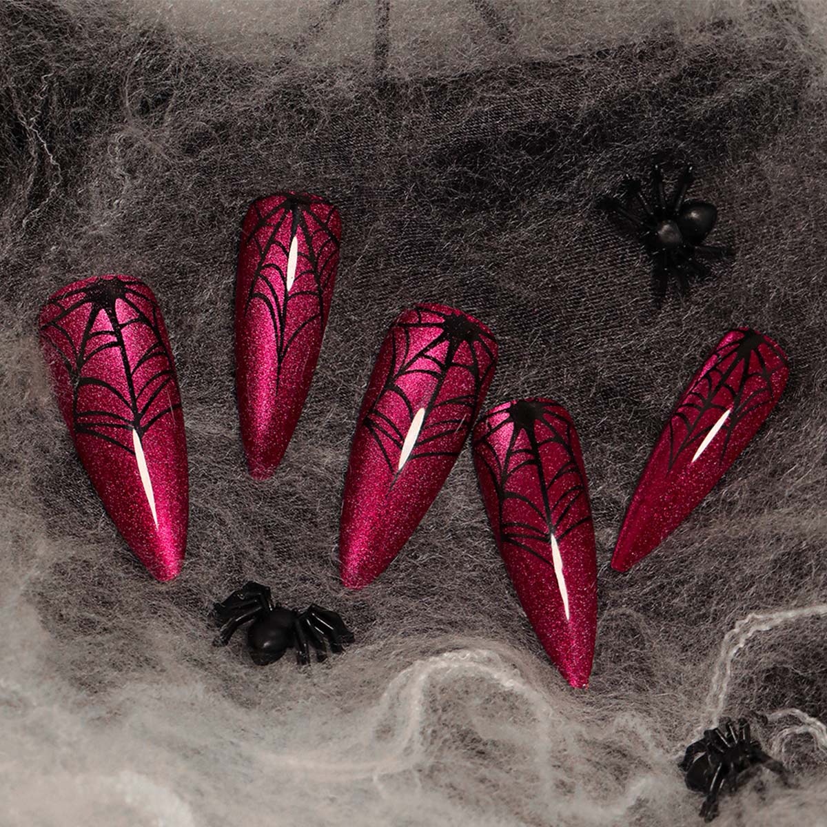 StarNagel Ballerina Nägel mit Rotem Cat Eye Effekt und Schwarzem Spinnennetz für Halloween