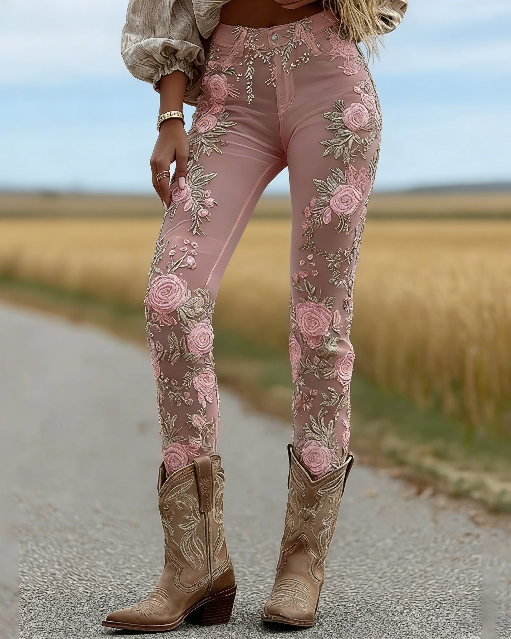 Skinny Leggings Rosa: 3D-Druck Rosen-Stickerei Optik, Shaping, Hoher Bund S-5XL