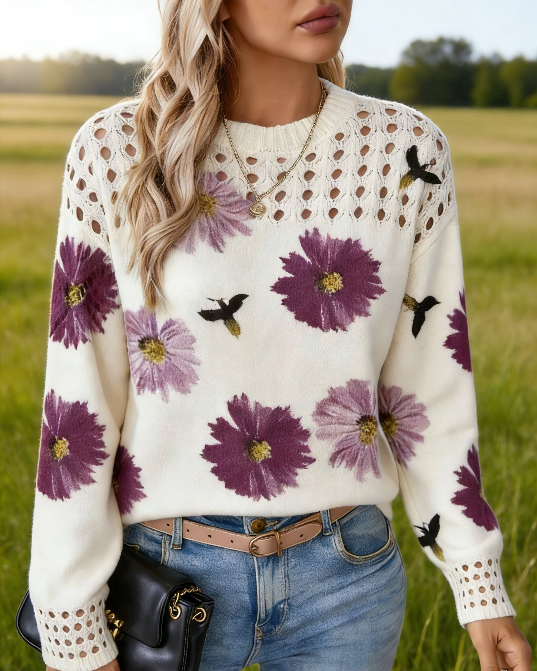 Damen Strickpullover Creme-Weiß: Lila Blumen-Print mit Ajour-Strick, Elegantes Lochmuster Oberteil für Frühling, Herbst & Winter S-4XL