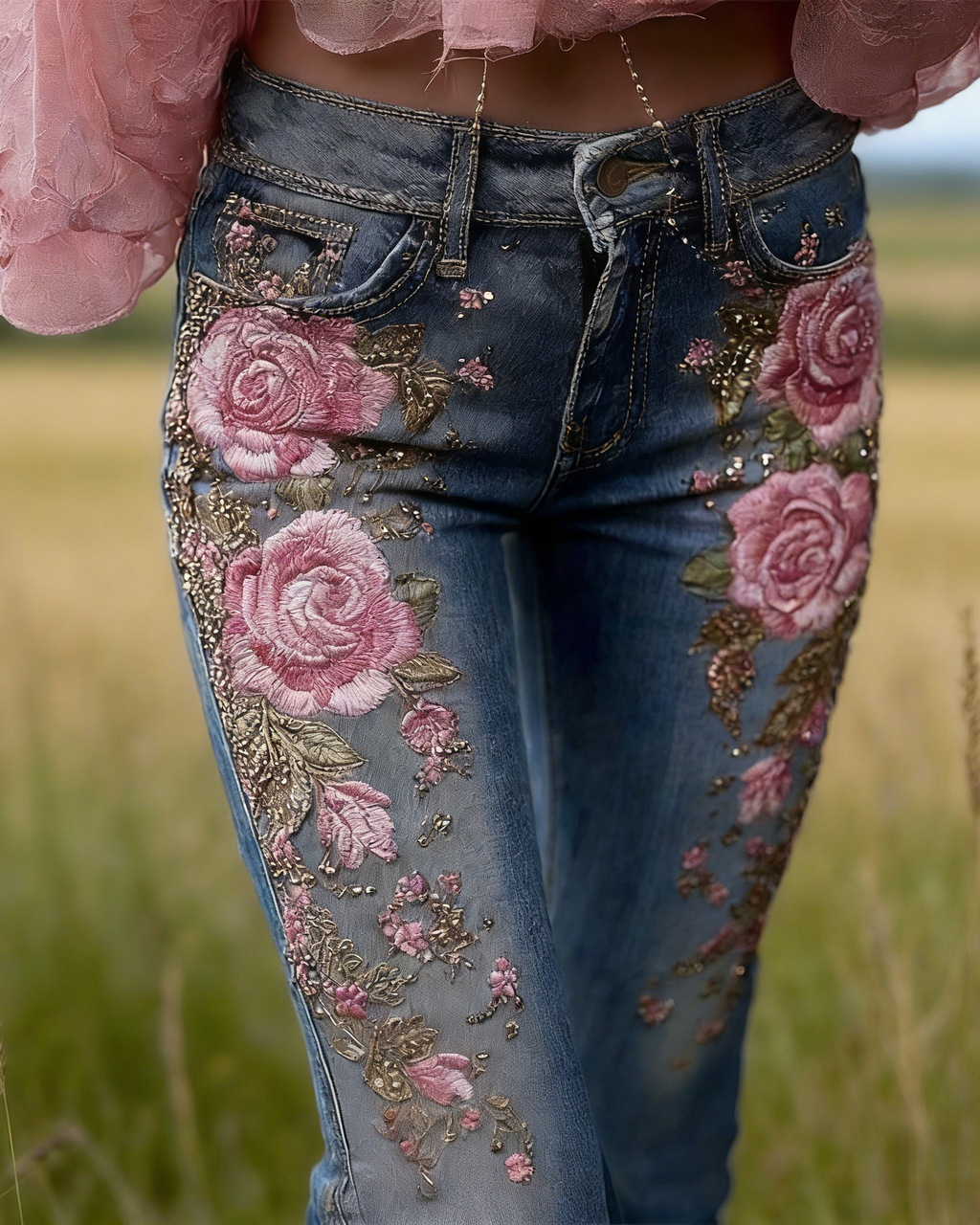 Damen Leggings Blau: 3D-Druck Rosen-Stickerei Optik, Jeans-Look, Shaping S-5XL