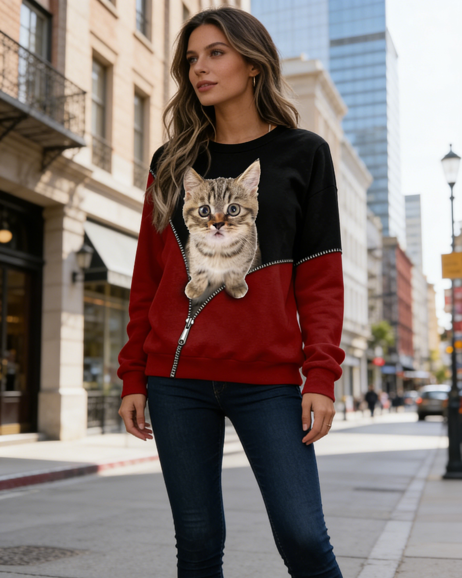 3D-Druck Damen Sweatshirt Kontrastfarben: Süße Katze Design, Schwarz-Rot, mit Reißverschluss, Leichtes Langarmshirt S-5XL