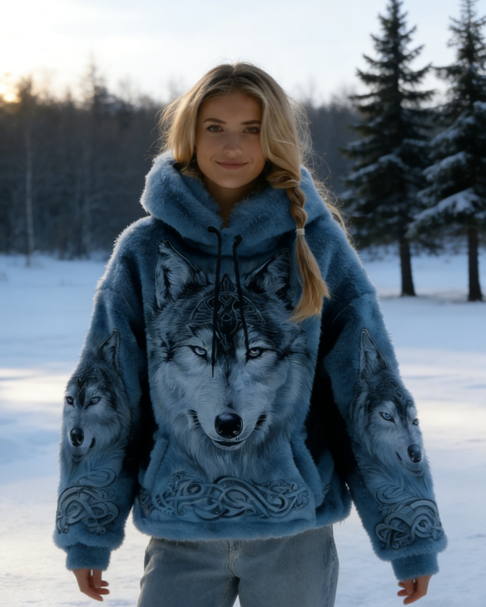 3D-Druck Damen Wikinger Flanell Kapuzenpullover – Engel Wolf Design, lässiger Vintage Look Winter Size S-5XL