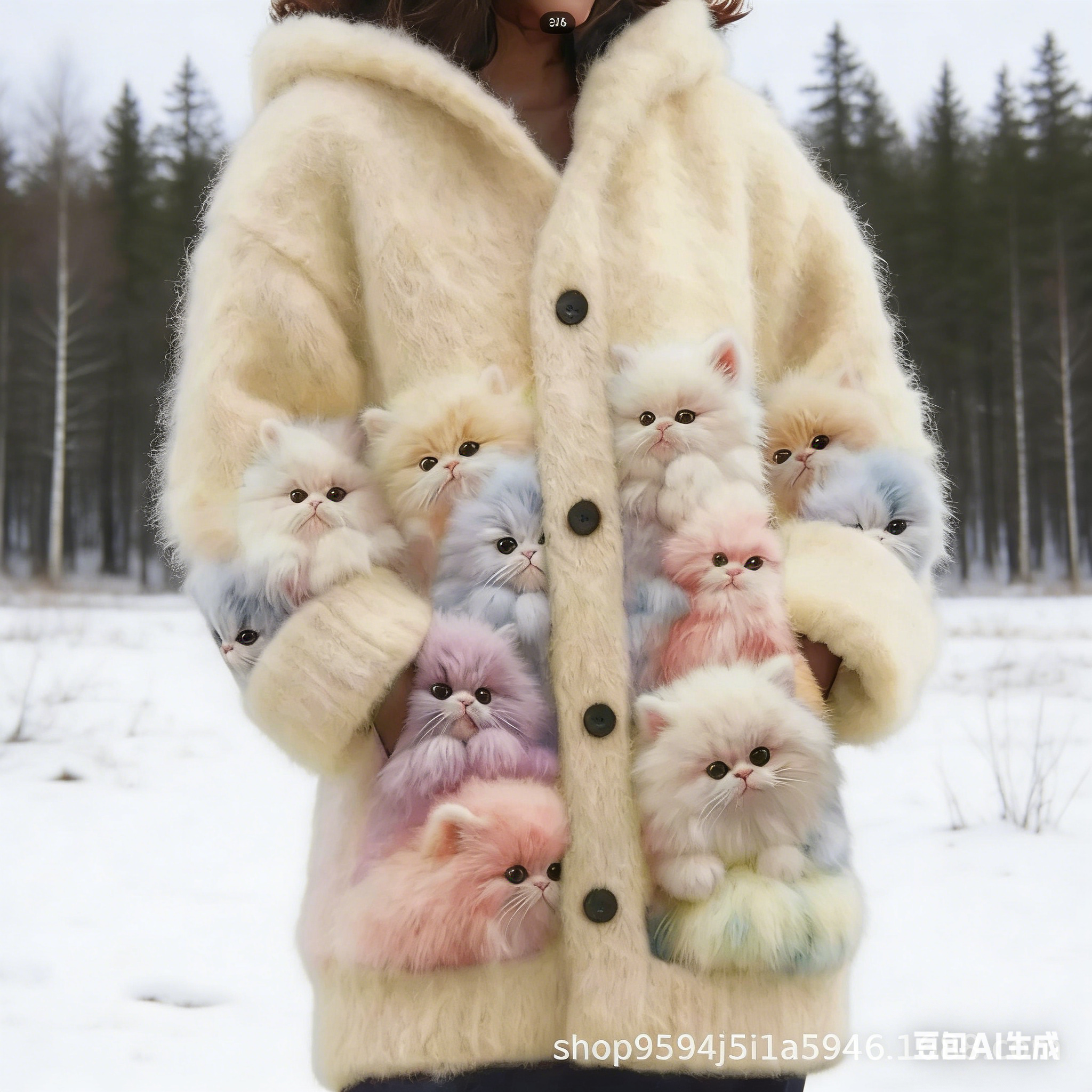 Damen Flanell Kapuzen Cardigan – Niedlicher Katzen Druck, bunte Farben weich Winter Size S-5XL