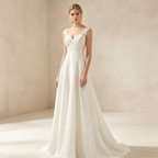 Elegantes A-Linien Abendkleid Weiß Bodenlang | Ärmellos Maxikleid mit Tiefem V-Ausschnitt, Feiner Spitzenstickerei und Fließendem Rock