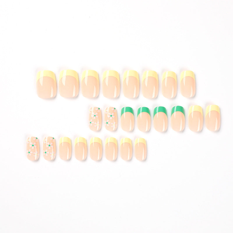 StarNagel Coffin Nails in Gelb-Grün mit French und Frischen Blumen