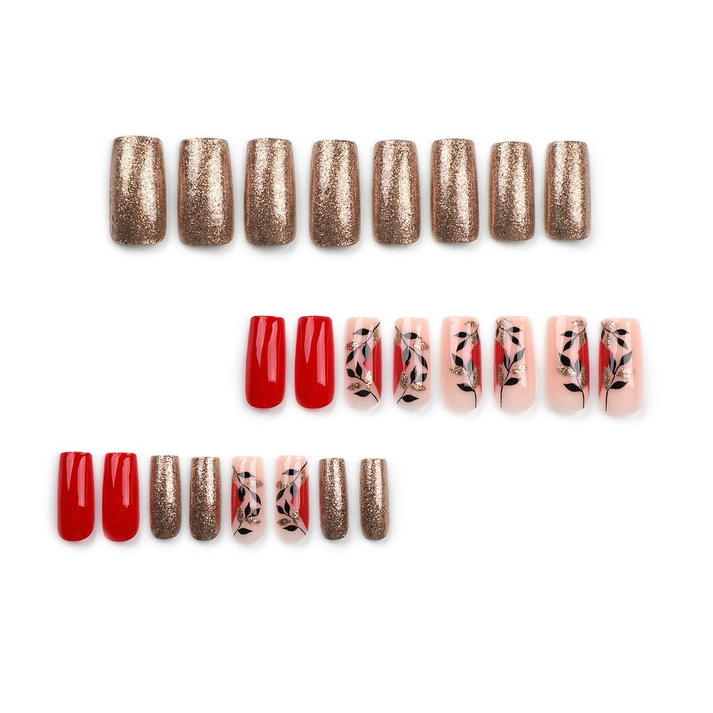 StarNagel Coffin Nails in Rot mit Glitzer und Goldenen Blättern