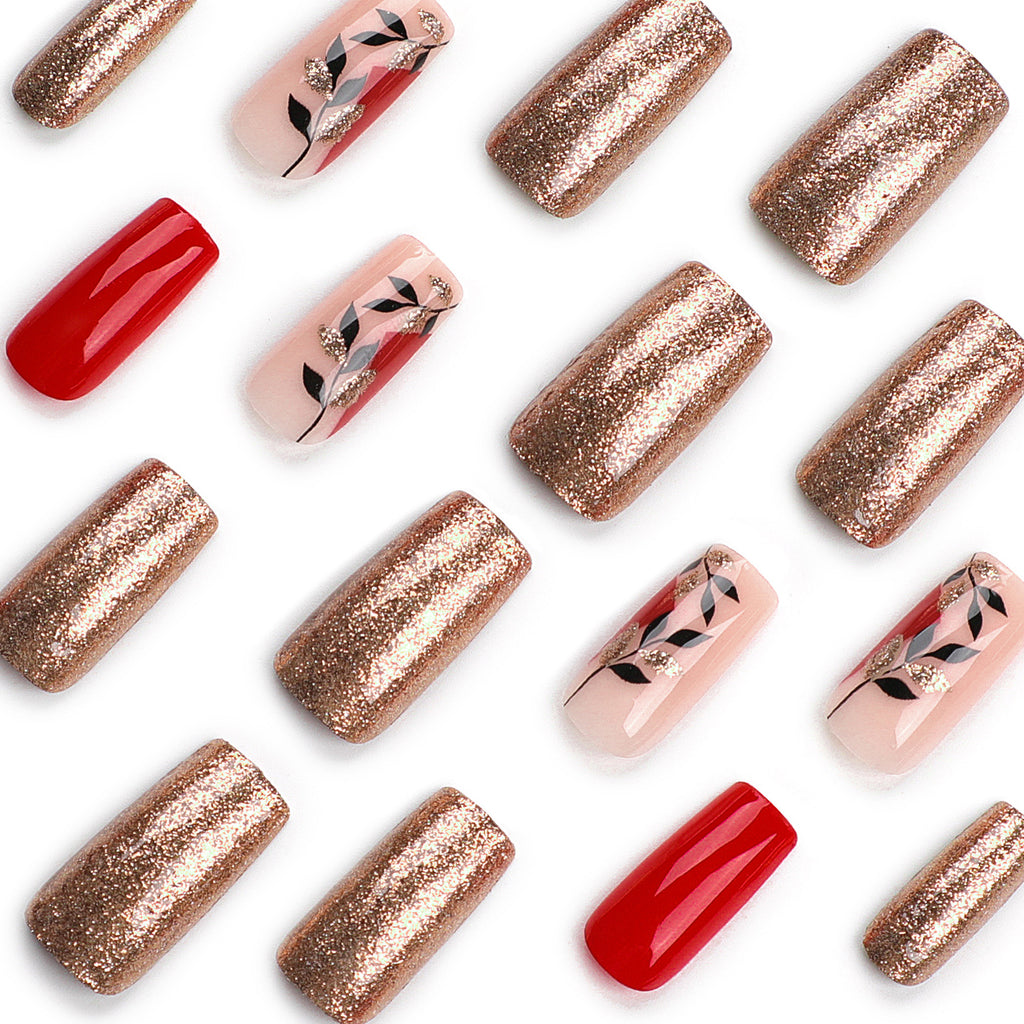 StarNagel Coffin Nails in Rot mit Glitzer und Goldenen Blättern