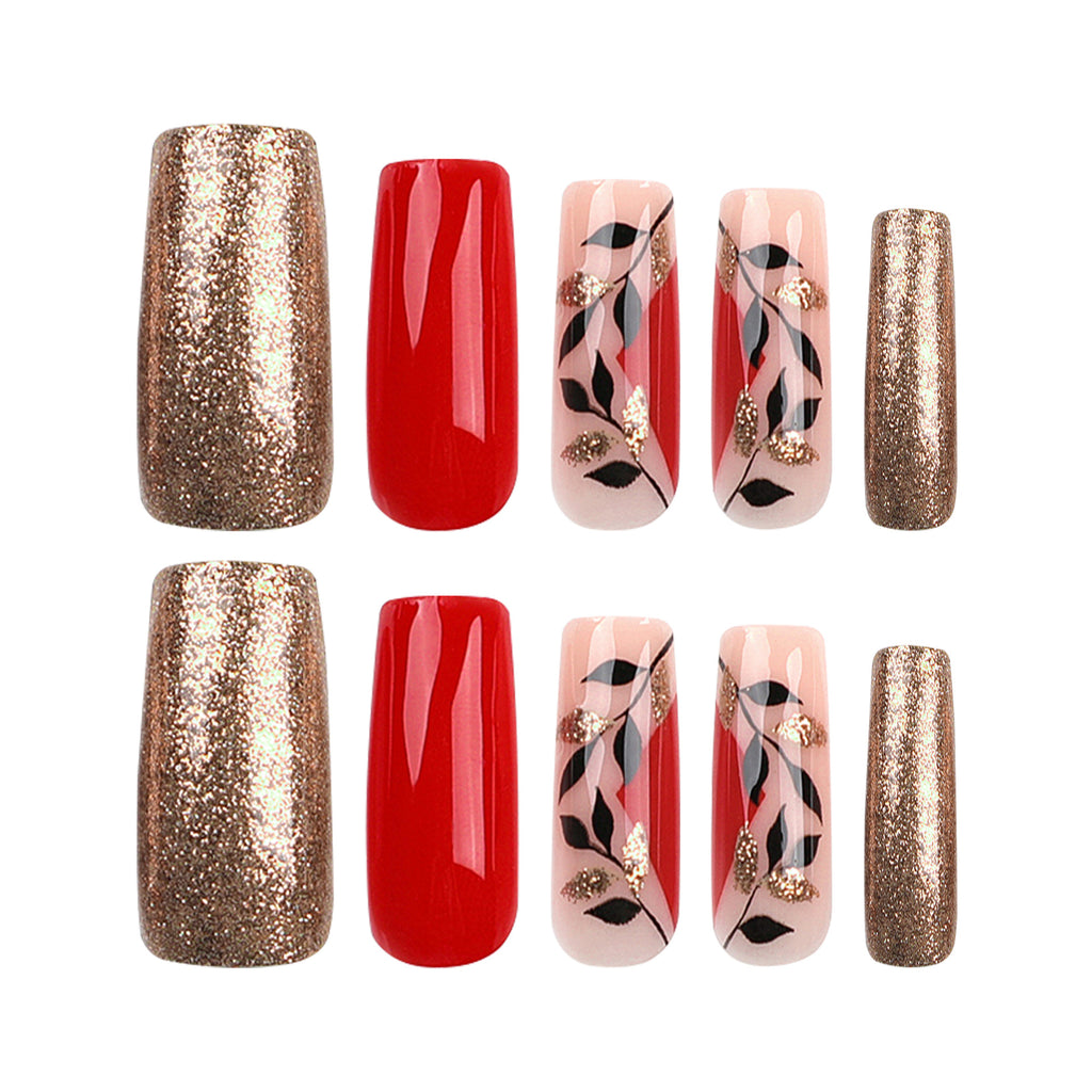 StarNagel Coffin Nails in Rot mit Glitzer und Goldenen Blättern