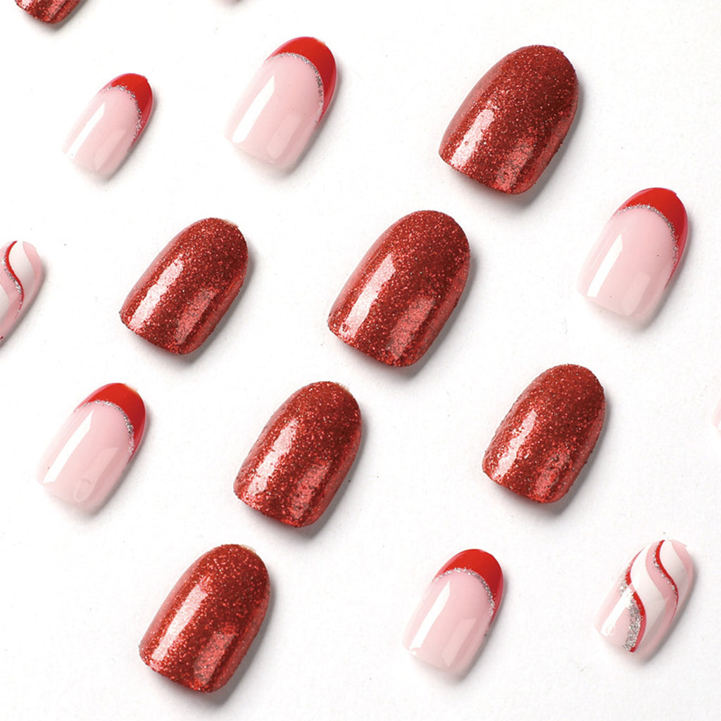 StarNagel Coffin Nails in Rot mit Glitzer und Weihnachts-Wellenmuster