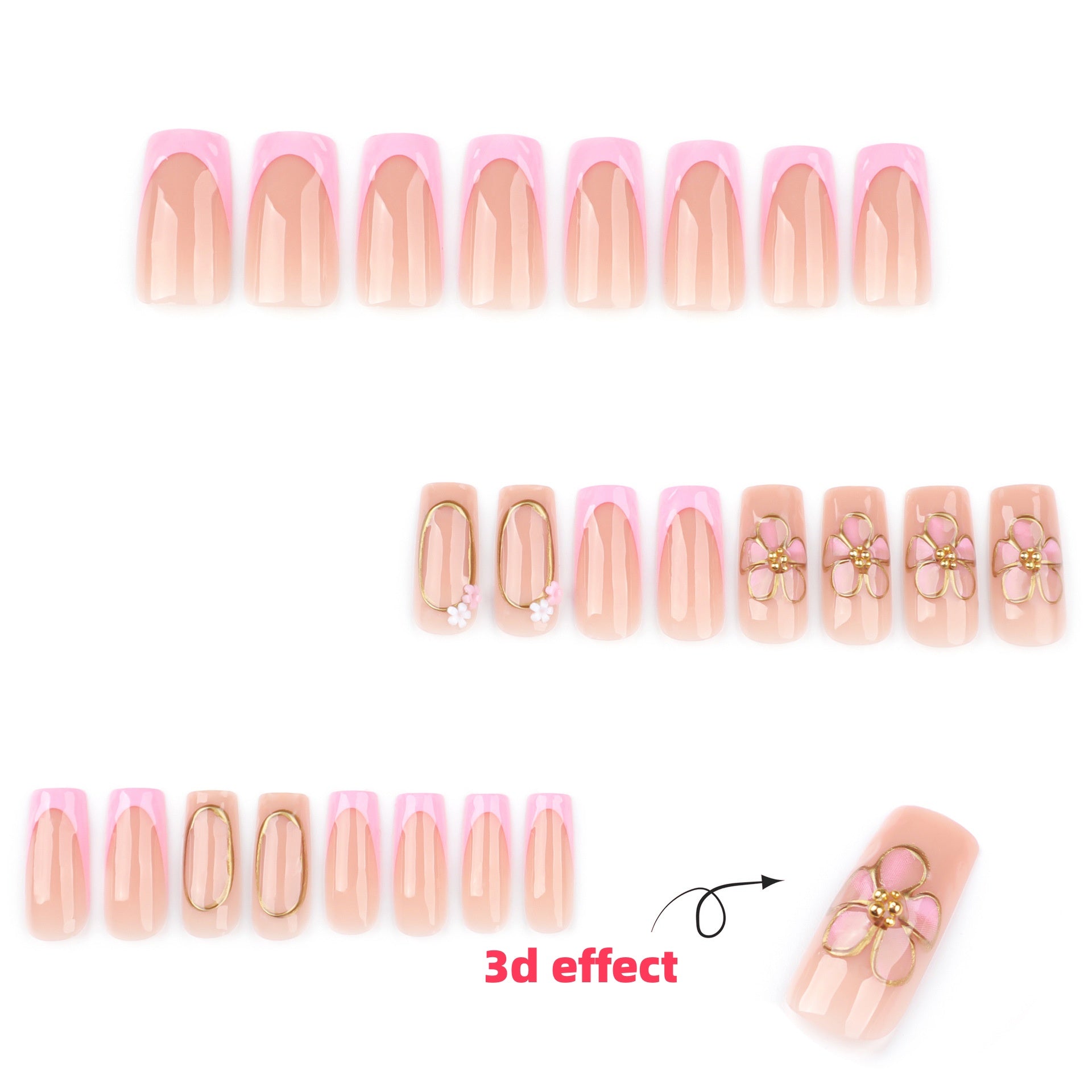 StarNagel Coffin Nails mit 3D Rosa Blumen und French Design