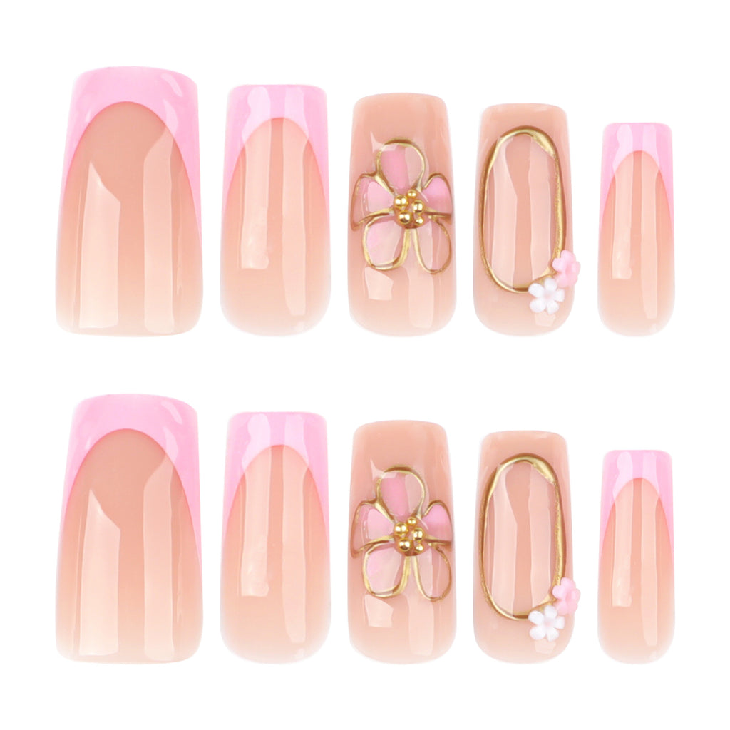StarNagel Coffin Nails mit 3D Rosa Blumen und French Design