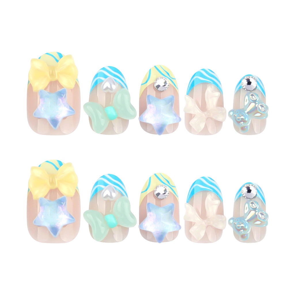 StarNagel Coffin Nails mit Blau-Weißen French Streifen und 3D Sternen im Cartoon Stil