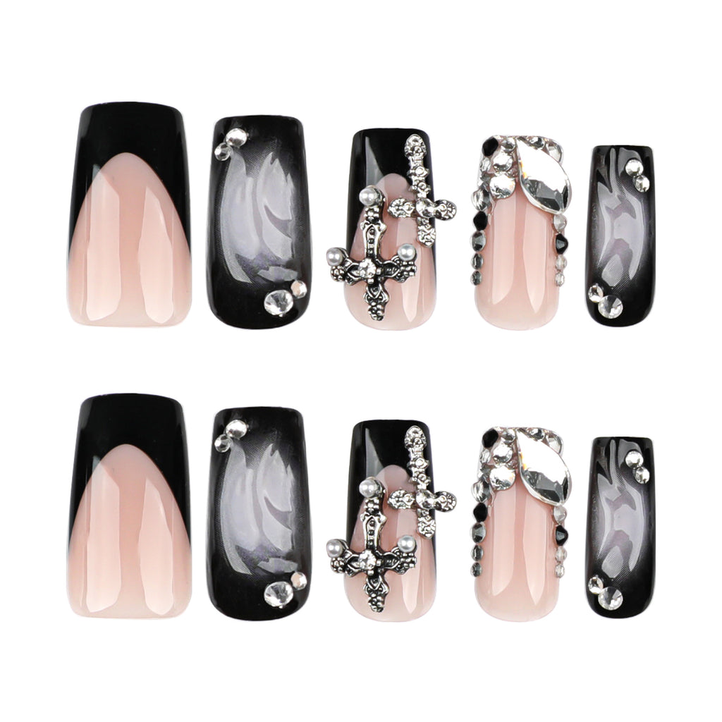 StarNagel Coffin Nails mit Coolen French in Schwarz, Glitzer und Kreuz