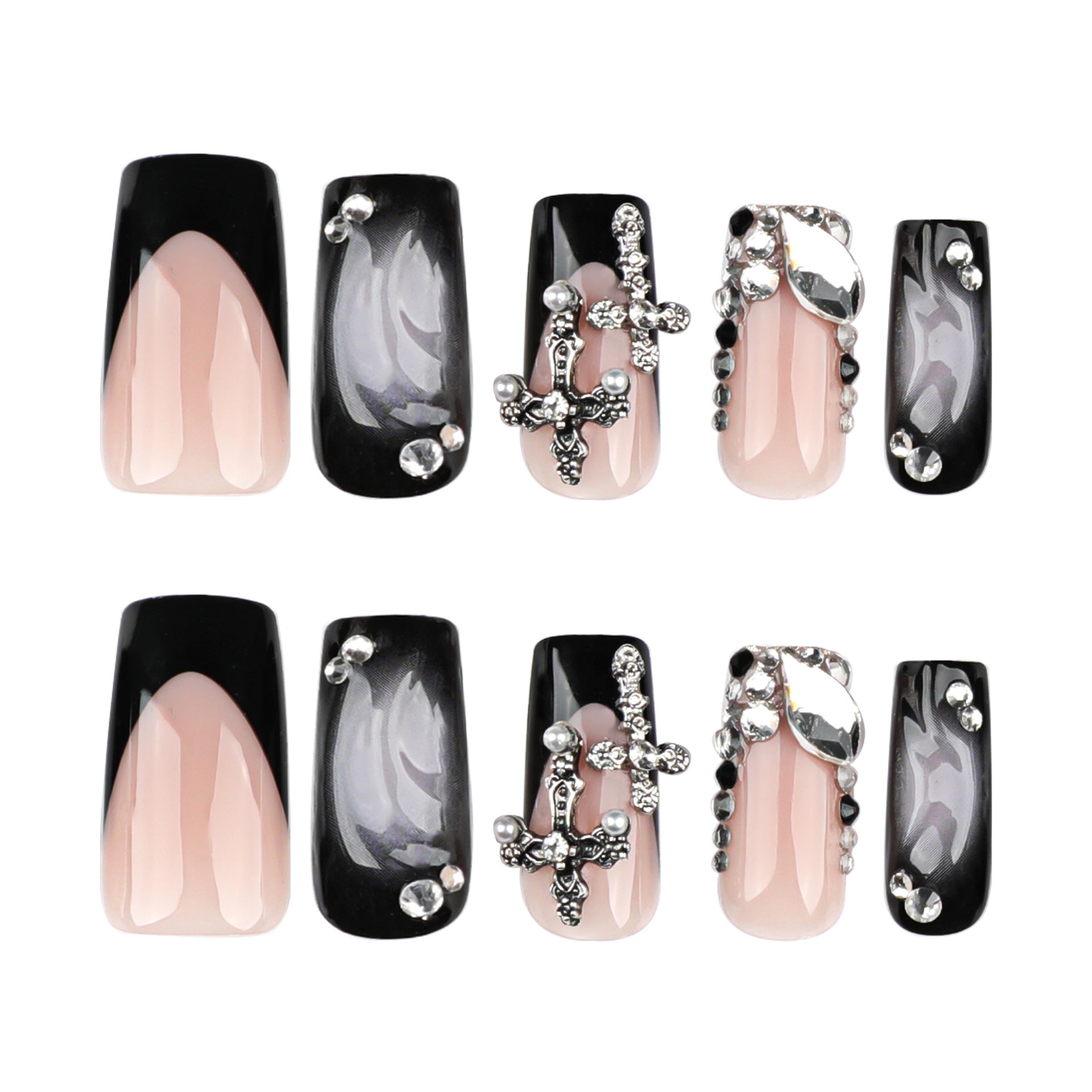 StarNagel Coffin Nails mit Coolen French in Schwarz, Glitzer und Kreuz