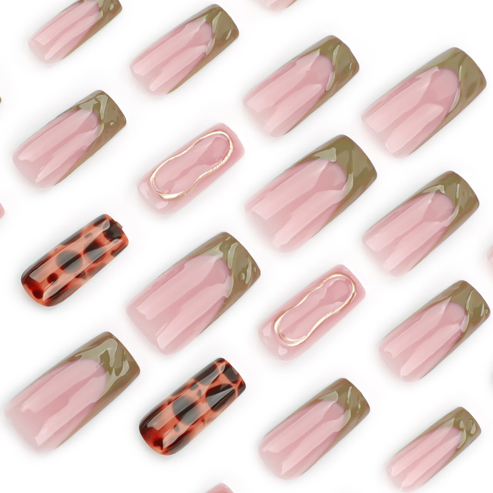 StarNagel Coffin Nails mit French in Grün, 3D Wasserwellen und Leopardenmuster