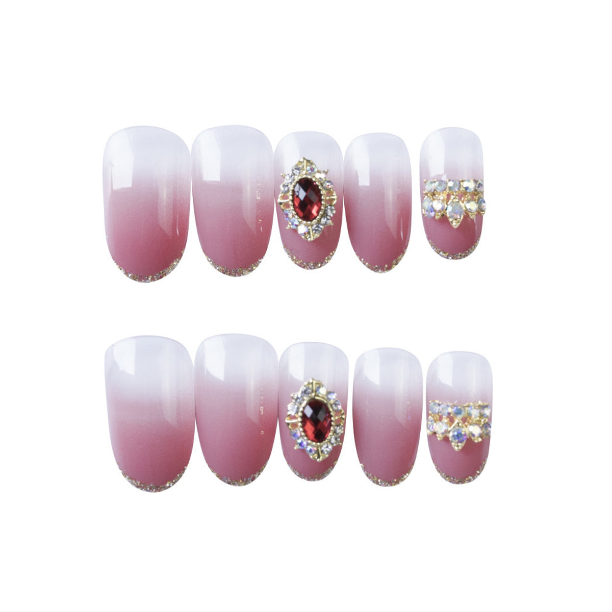 StarNagel Coffin Nails mit Ombre French und Goldkante mit Krone und Rubin