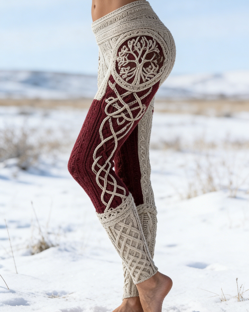 Viking Leggings Weiß Weinrot: 3D-Print Lebensbaum, Keltisch, Push Up Yoga-Hose Fit Größe S-5XL
