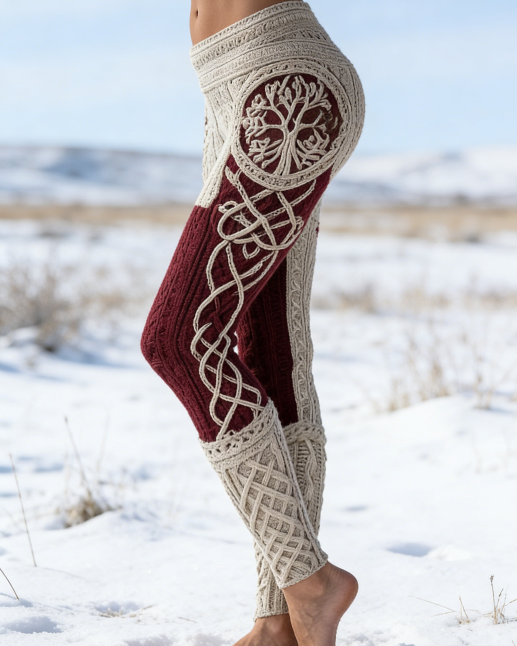 Viking Leggings Weiß Weinrot: 3D-Print Lebensbaum, Keltisch, Push Up Yoga-Hose Fit Größe S-5XL