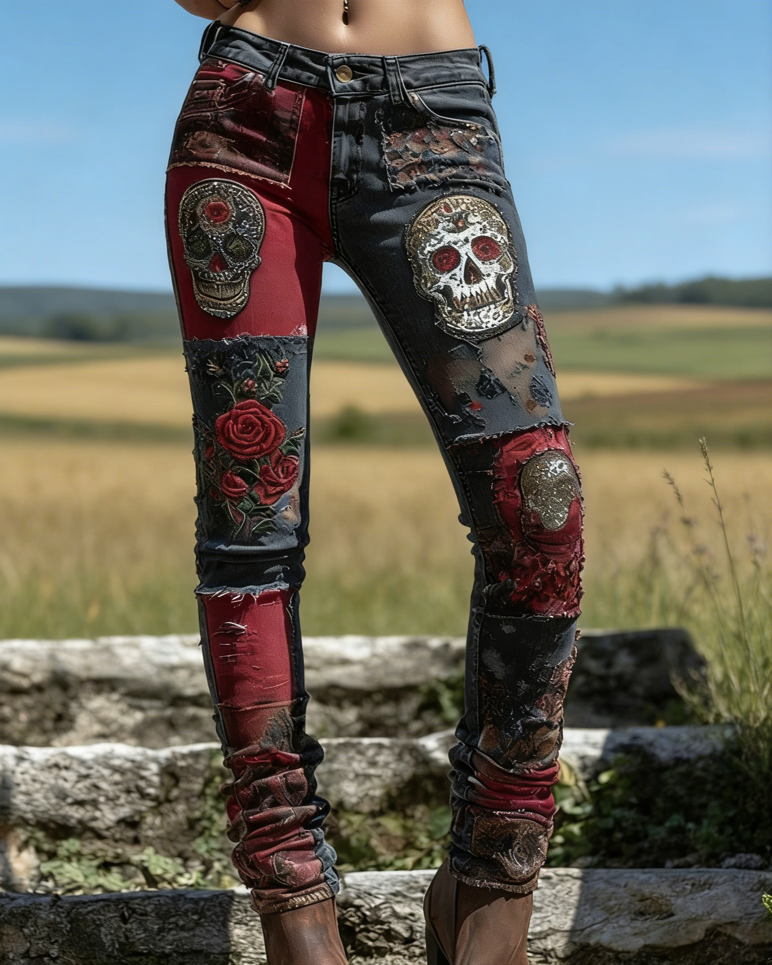 Damen Jeans Altrosa: 3D-Druck Romantische Rosen, Stickerei-Optik, Slim Fit Hose S-5XL