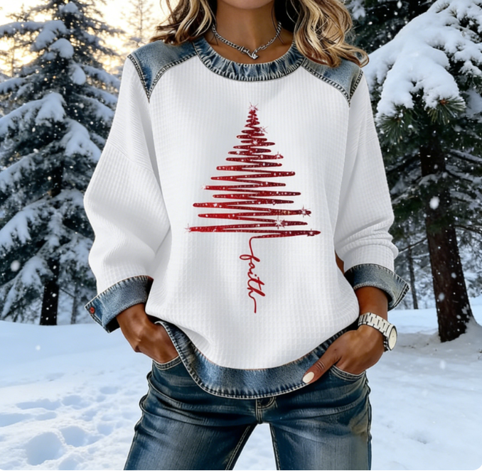 Damen Christmas Waffle Print Rundhals Freizeitshirt Sise to 5XL