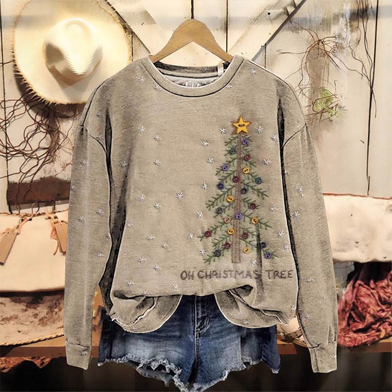 Damen Grauer Retro Christmas Tree Casual Sweatshirt Bequemer Warmer Winter Pullover
