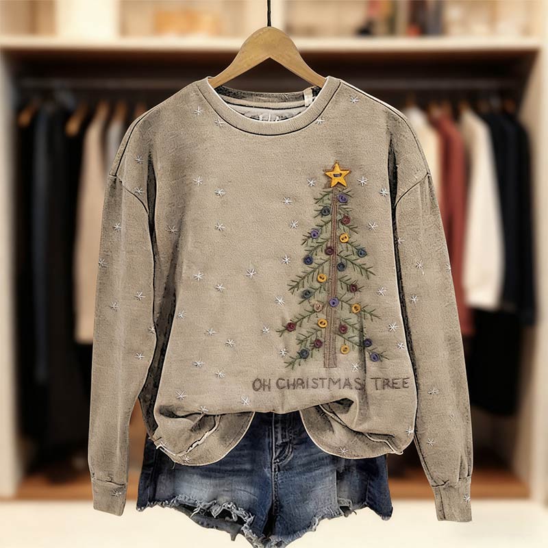 Damen Grauer Retro Christmas Tree Casual Sweatshirt Bequemer Warmer Winter Pullover