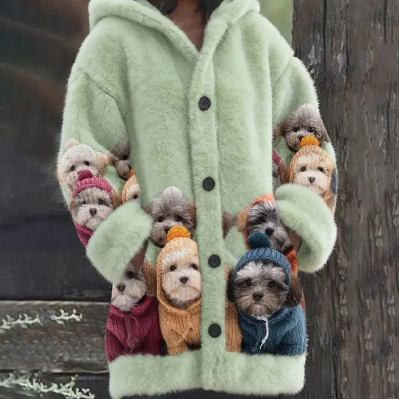 Damen Grüner Cozy Fuzzy Hooded Cardigan Mit Süßen Polar Bears Warme Winter Fleece Jacke