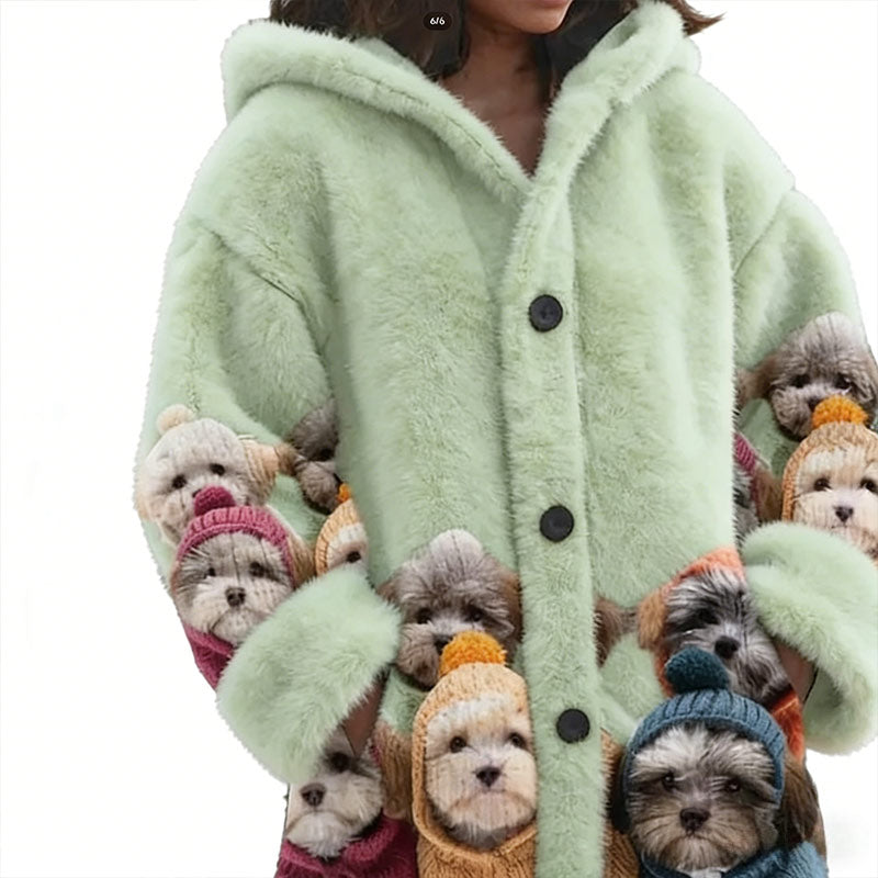 Damen Grüner Cozy Fuzzy Hooded Cardigan Mit Süßen Polar Bears Warme Winter Fleece Jacke