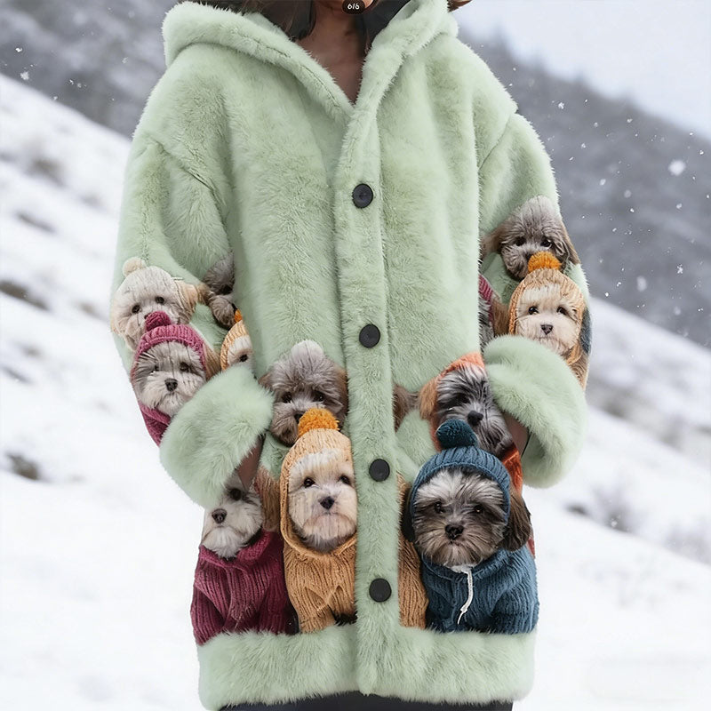 Damen Grüner Cozy Fuzzy Hooded Cardigan Mit Süßen Polar Bears Warme Winter Fleece Jacke