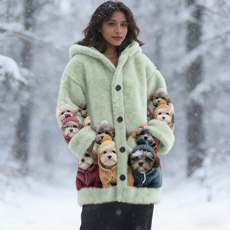 Damen Grüner Cozy Fuzzy Hooded Cardigan Mit Süßen Polar Bears Warme Winter Fleece Jacke