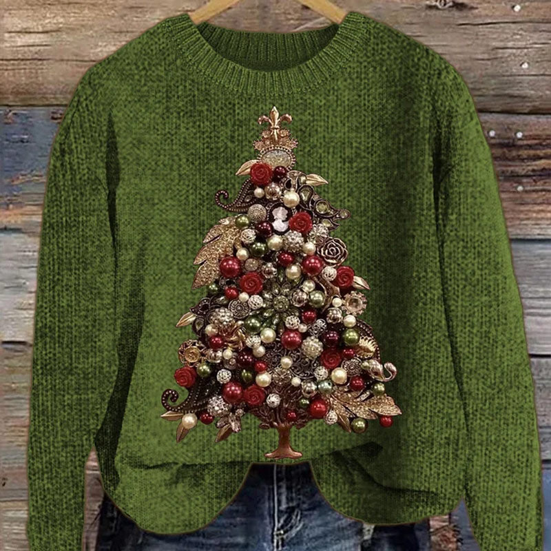 Damen Grüner Elegant Christmas Tree Jewel Art Cozy Knit Sweater Warmer Winter Pullover