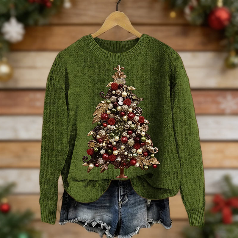 Damen Grüner Elegant Christmas Tree Jewel Art Cozy Knit Sweater Warmer Winter Pullover