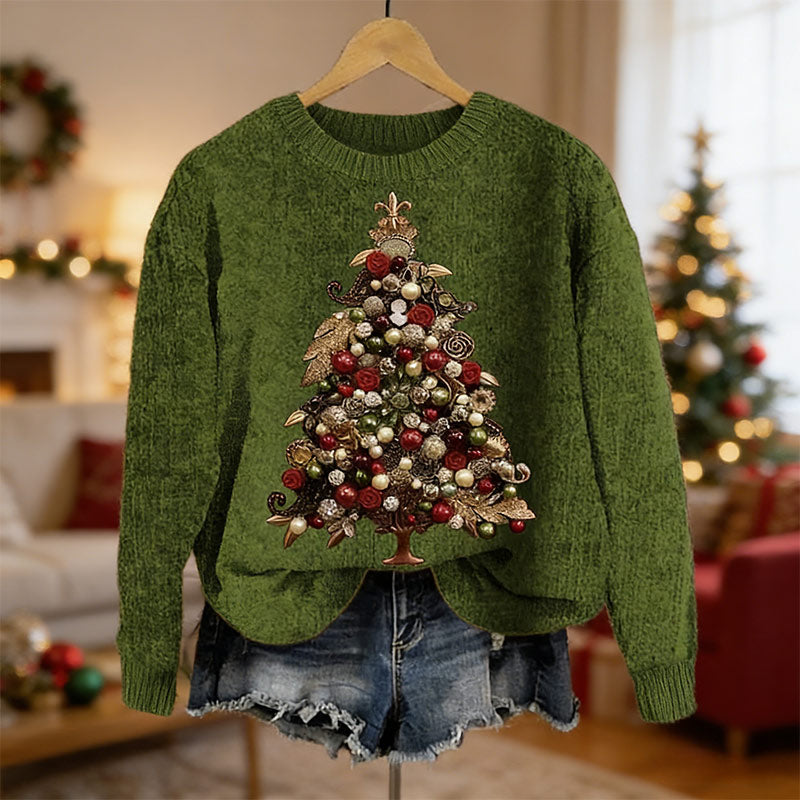 Damen Grüner Elegant Christmas Tree Jewel Art Cozy Knit Sweater Warmer Winter Pullover