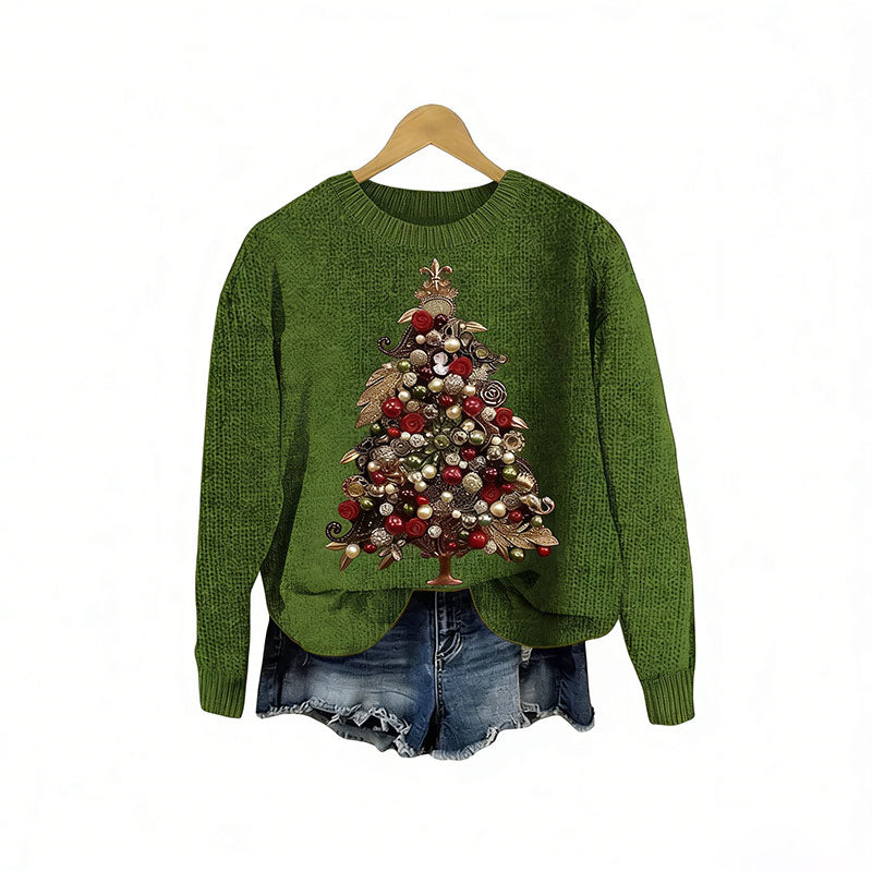 Damen Grüner Elegant Christmas Tree Jewel Art Cozy Knit Sweater Warmer Winter Pullover